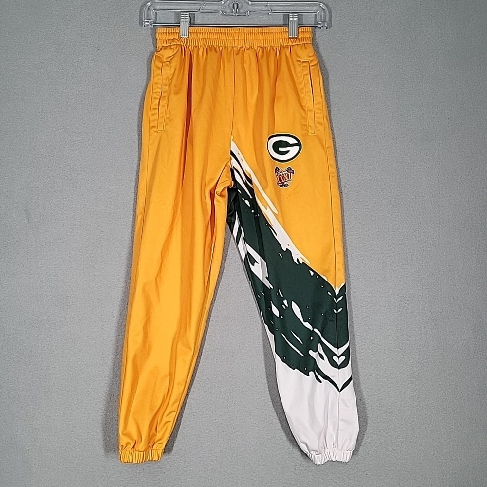 Mitchell & Ness Super Bowl XXXL Packers Jogger Pants Boys Small Yellow VTG Logo‎